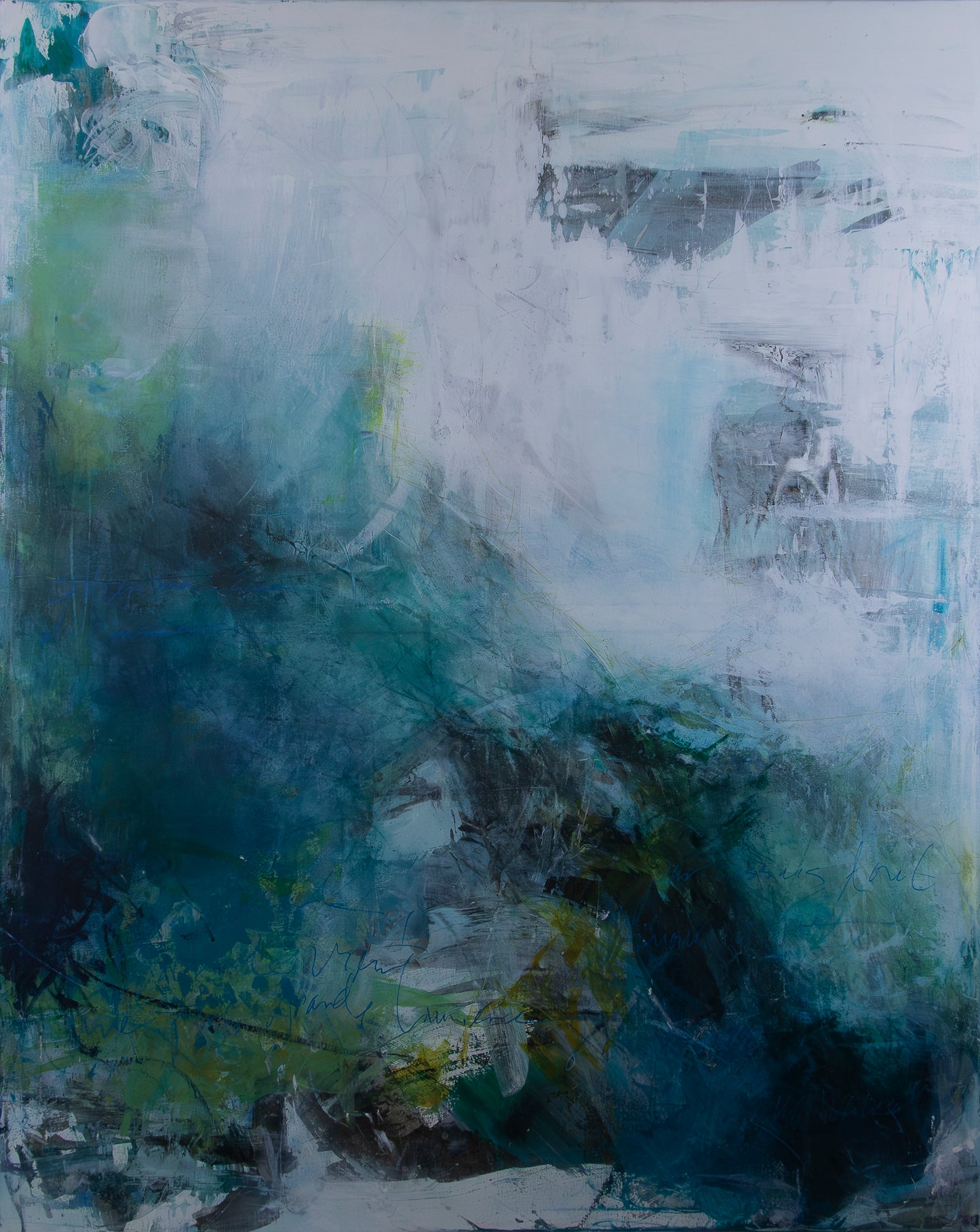 Abstract painting with a mix of blue, green, and black colors on a white background