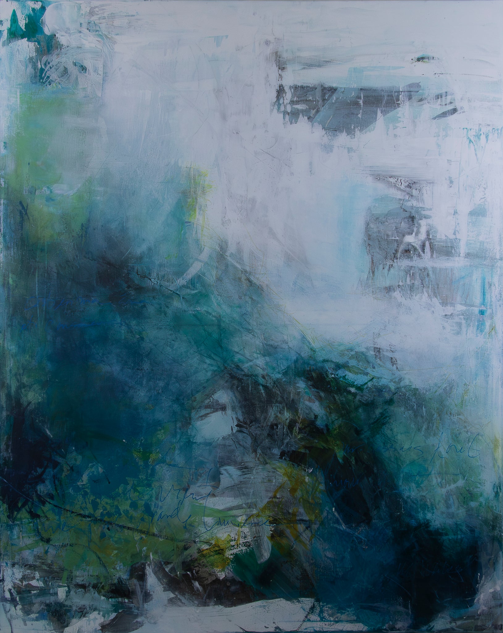 Abstract painting with a mix of blue, green, and black colors on a white background